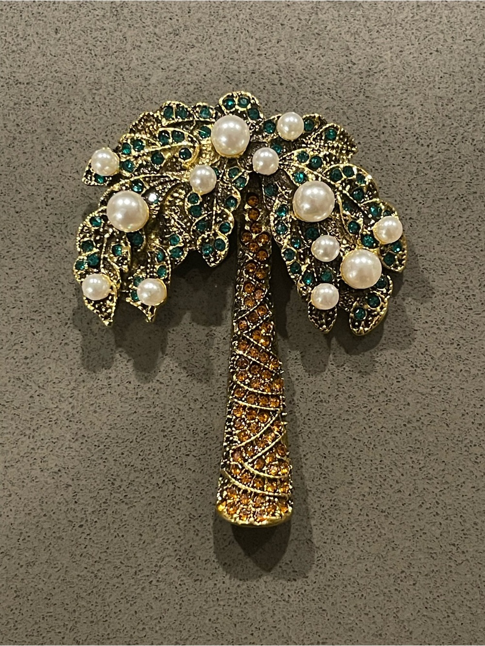 Gold Palm Tree Brooch with Green Crystals and Faux Pearls